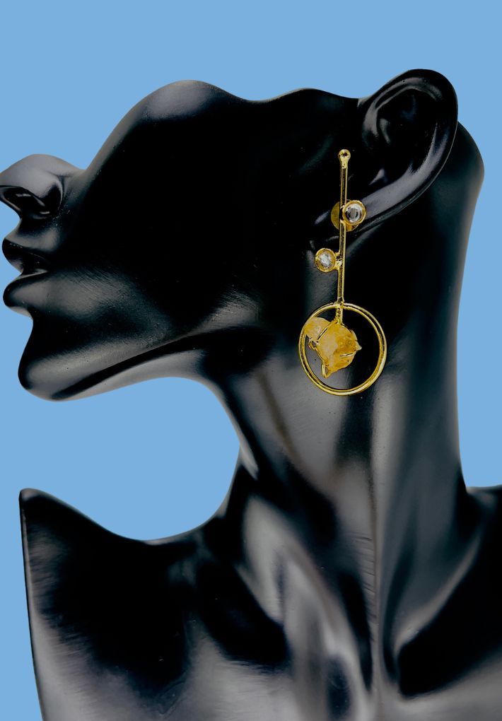 Gold plated earrings with raw stone. Handcrafted statement jewellery.