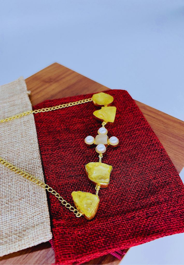 Gold plated necklace/ choker featuring raw citrine stone and fresh water pearl. Handcrafted statement jewellery.