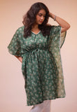 Frock length kaftan- Slub cotton linen with bottle green and white color combination free size kaftan with  lace detailing