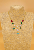 Gold plated necklace and earring set featuring multi colored semi precious  stones. Handcrafted statement jewellery.