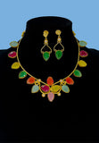 Gold plated necklace/ choker & earring set featuring multi colored monalisa stones. Handcrafted statement jewellery.