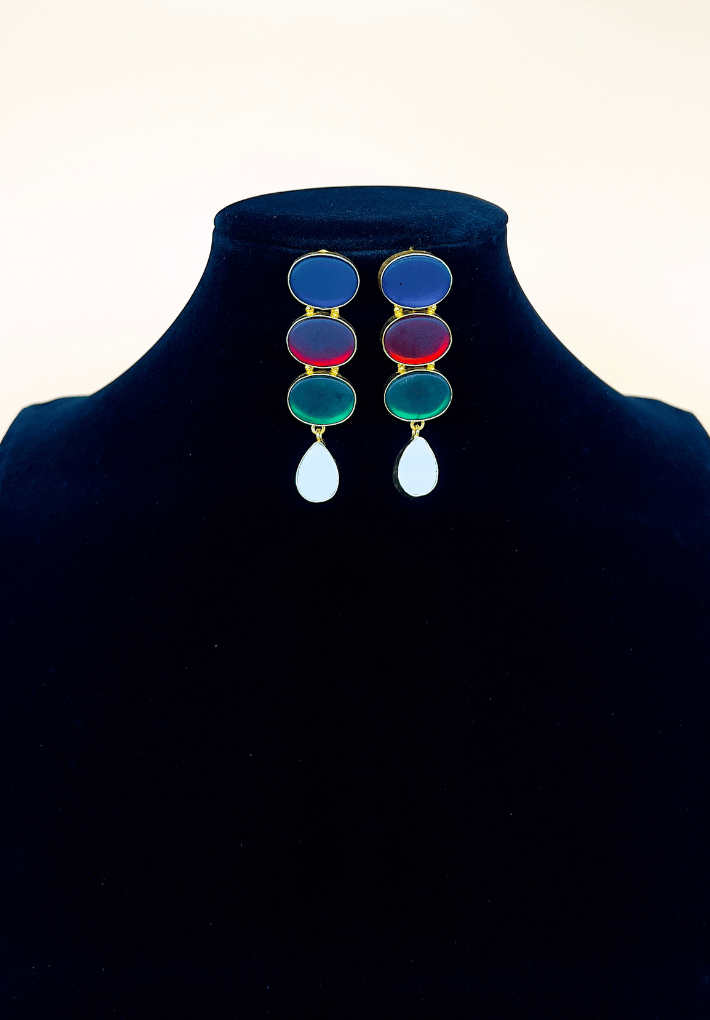 Gold plated earrings with multi color precious stones and MOP detailing