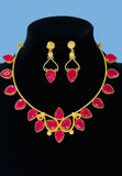 Gold plated necklace/ choker & earring set featuring pink monalisa stones. Handcrafted statement jewellery.