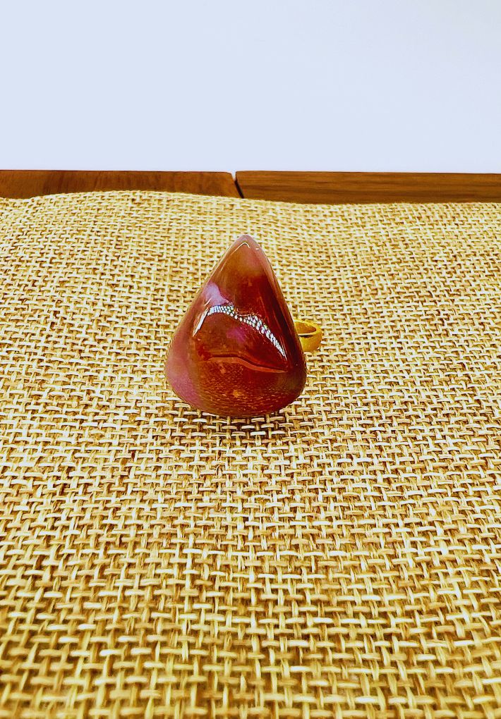 Gold plated adjustable ring with red marble stone. Handcrafted statement jewellery.