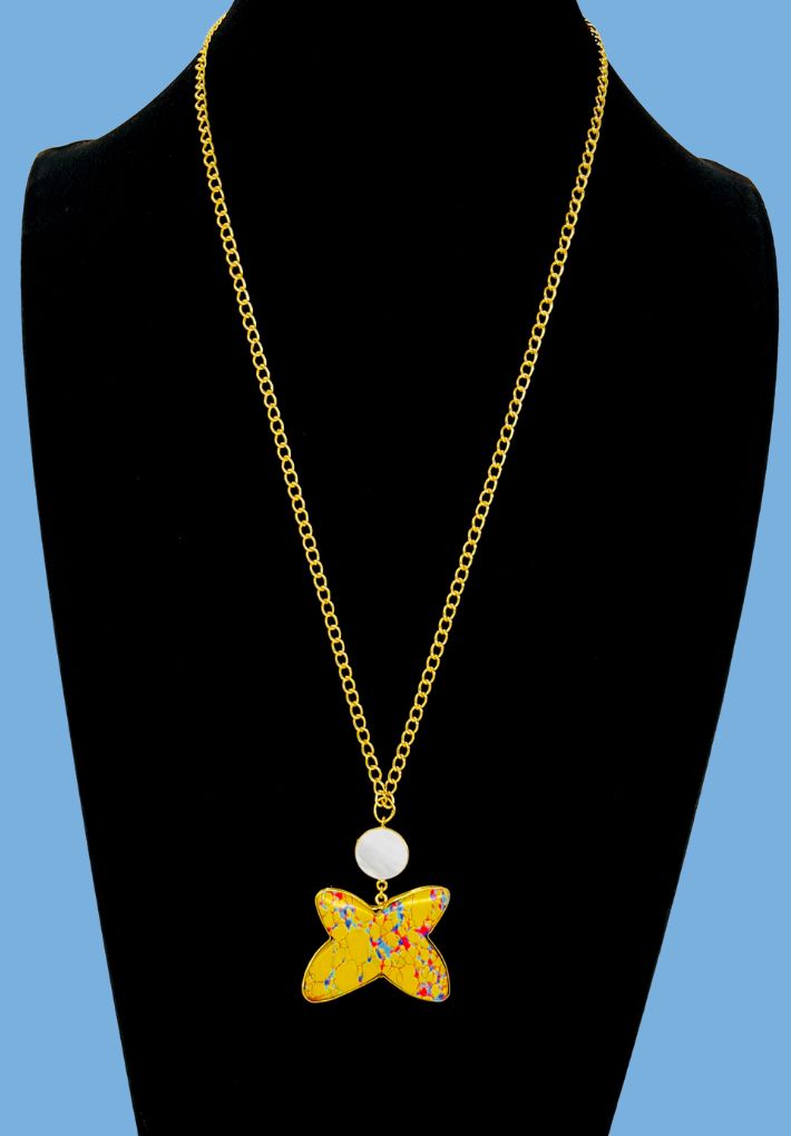 Gold plated necklace featuring yellow butterfly stones. Handcrafted statement jewellery.