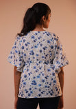 Short kaftan- Soft cotton linen white and blue floral free size kaftan with contrast lace detailing