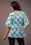 Short kaftan- Soft cotton linen white and green floral free size kaftan with contrast lace detailing