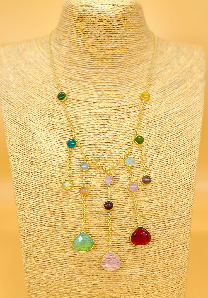 Gold plated necklace featuring monalisa stones and pearls. Handcrafted statement jewellery.