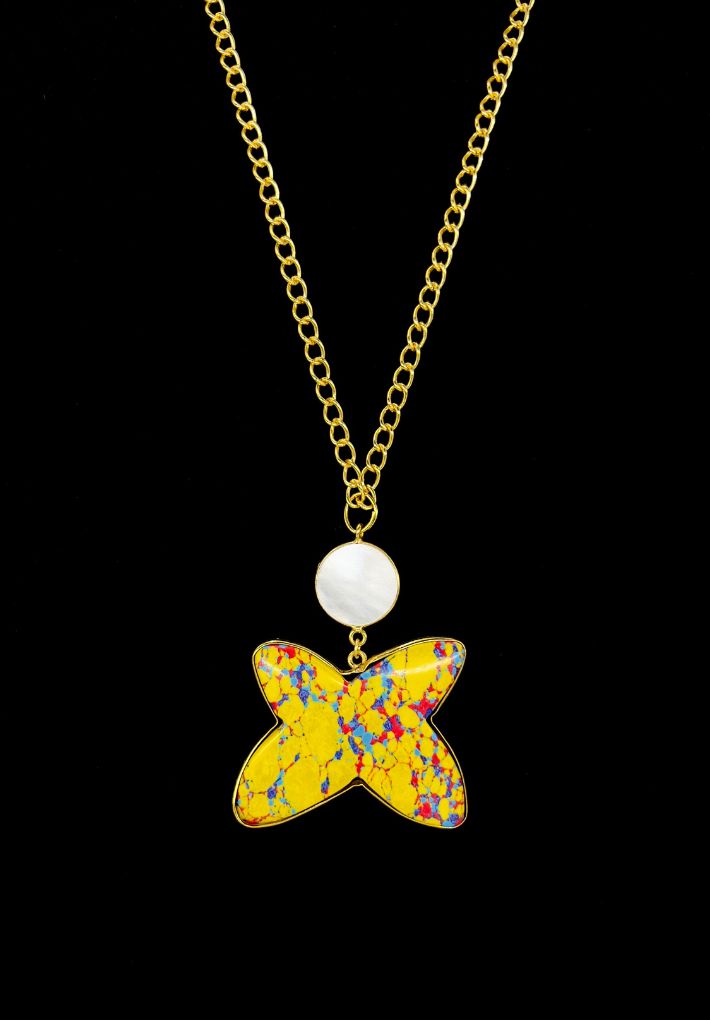 Gold plated necklace featuring yellow butterfly stones. Handcrafted statement jewellery.