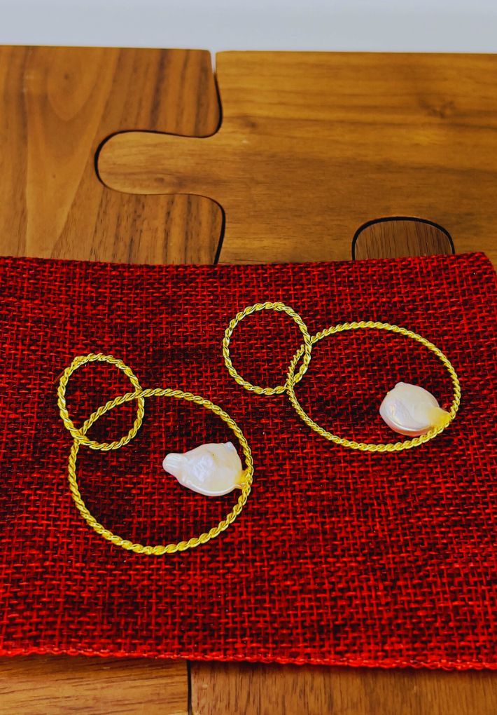 Gold plated earrings with pearls. Handcrafted statement jewellery.