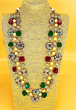 Beautiful long multi coloured haram with tanjore beads and pearls and matching earing