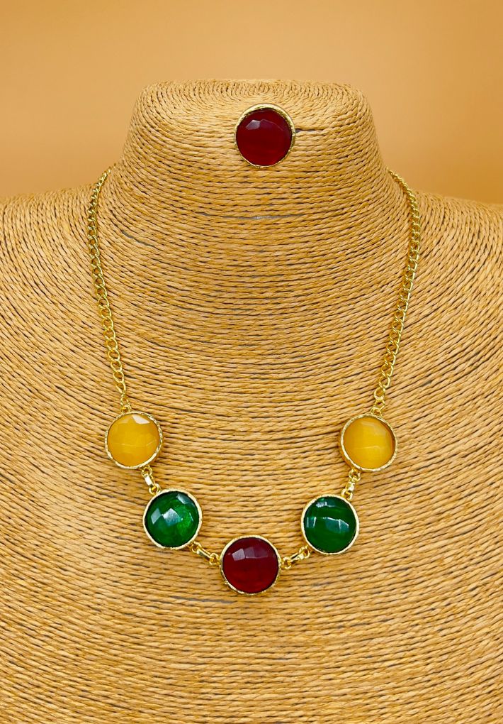 Gold plated necklace and earring set featuring monalisa stones. Handcrafted statement jewellery.