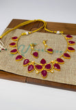 Gold plated necklace/ choker & earring set featuring pink monalisa stones. Handcrafted statement jewellery.