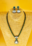 Green colored doublet stone necklace with poli pendent and matching earing