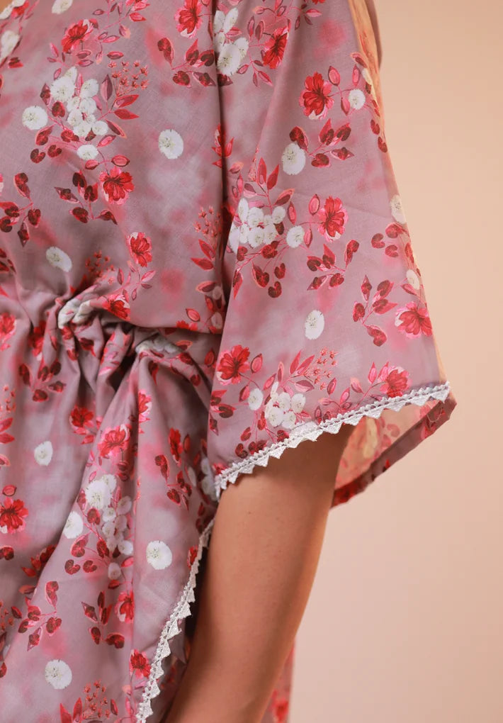 Short kaftan- Soft cotton linen pink and red floral free size kaftan with contrast lace detailing