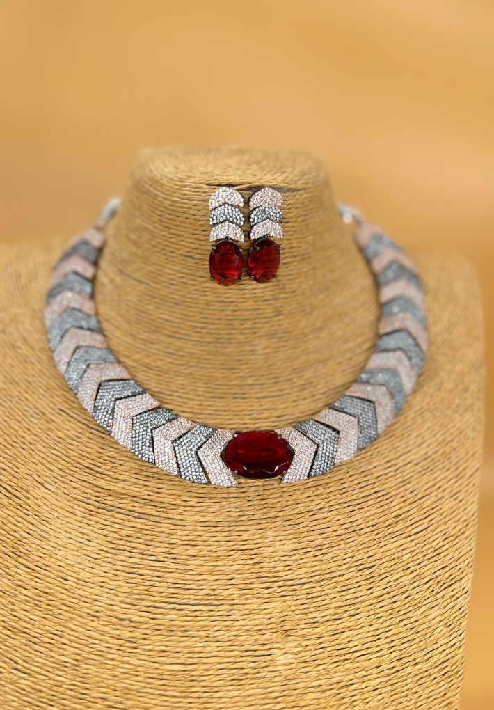 Dual stone AD choker with red monalisa stone and matching earing