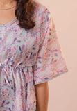 Short kaftan- Soft cotton linen white floral kaftan with pink and lavender color combination