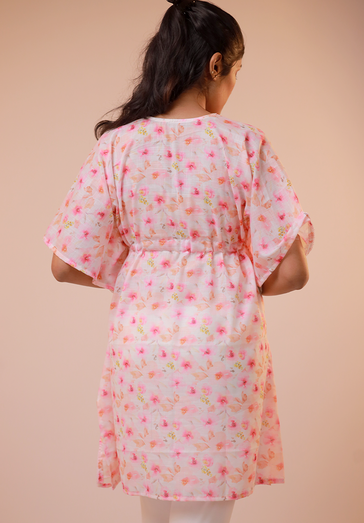 Frock length kaftan- Soft cotton linen white floral kaftan with pink and yellow color combiination
