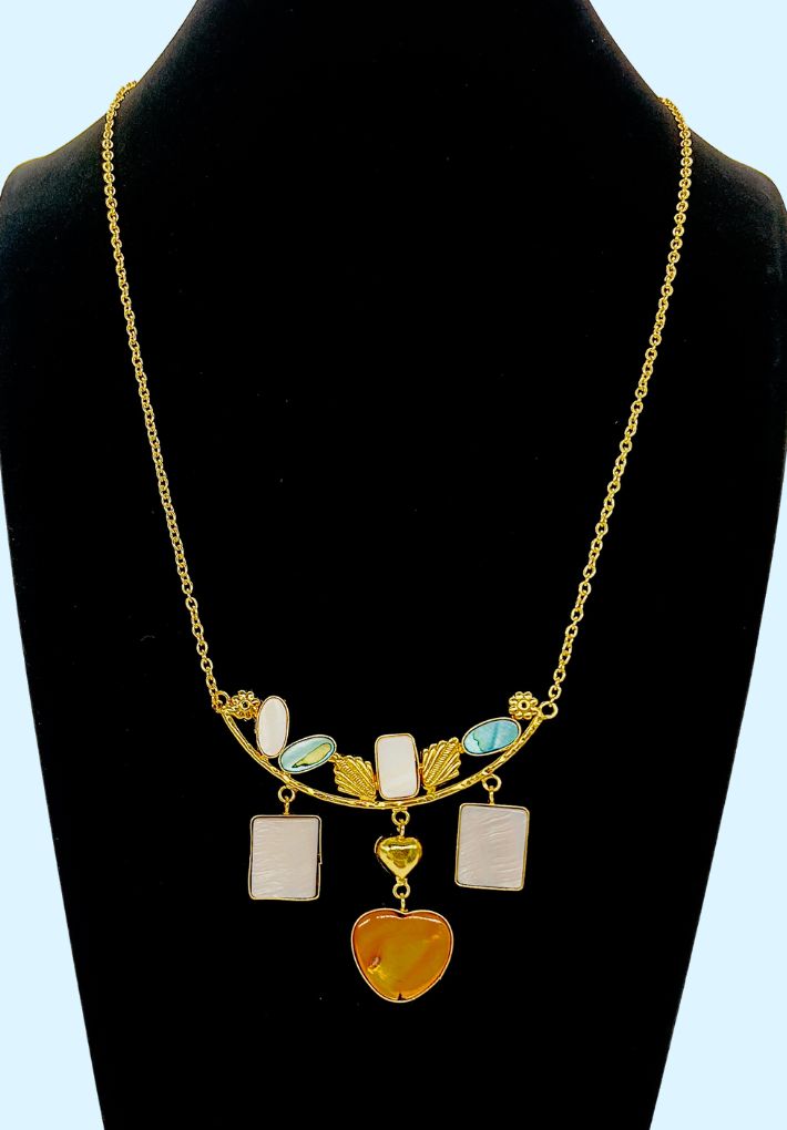 Gold plated necklace featuring monalisa stones & MOP stones. Handcrafted statement jewellery.