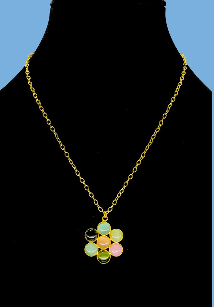Gold plated necklace featuring multicolored stones. Handcrafted statement jewellery.