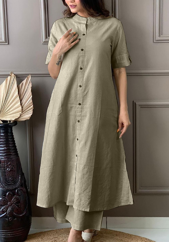 Olive green color premium quality cotton co ord set with white thread detailing