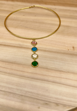 Beautiful hand crafted gold choker with pink and green stones long pendant
