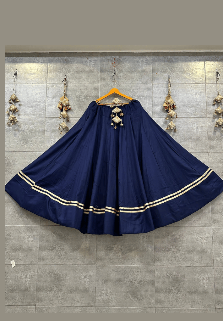 Cotton navy blue long flair skirts with golden detailing on the bottom