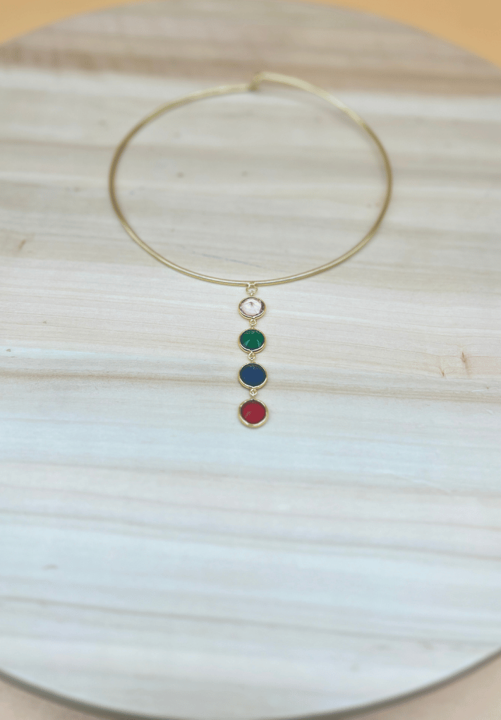 Beautiful hand crafted gold choker with multicolored long pendant
