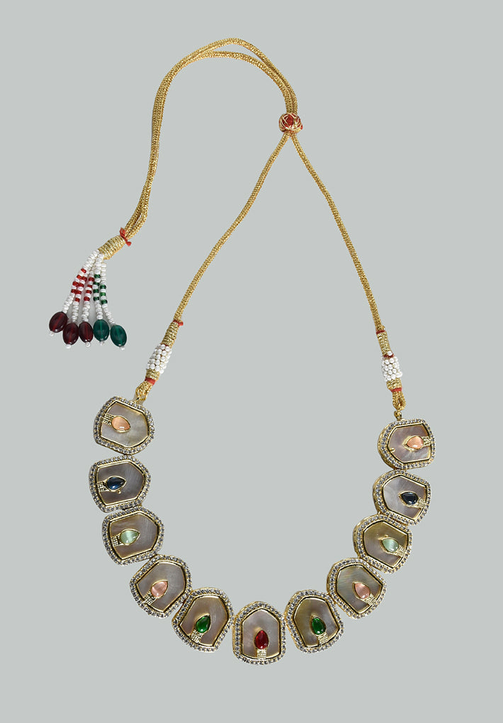 MOP CHOKER and earings  set featuring American Diamond and Navaratna stones. Handcrafted statement jwelleries