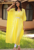 Beautiful semi transparent yellow kaftan in chinnon with mirror work and gather detail