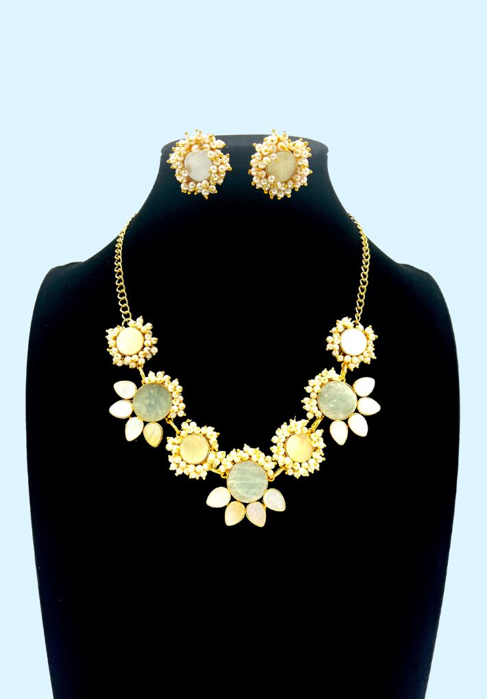 Gold plated  necklace and earring set featuring light green amzonite stone and MOP with MOP studs