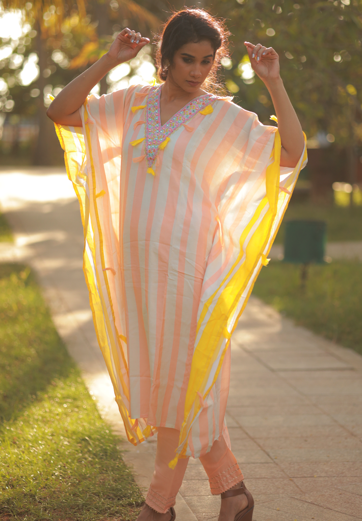 2Pc kaftan - Peach color kaftan with white stripes and yellow hand design along with matching pants