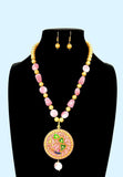 Gold plated hand drawn minakari pearl necklace and earring with marble stones