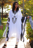 3 Pc Pakistani Kaftan - Black embroidery and print in pure white kaftan with stripe printed dupatta and elegant white pants with thread works