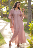 Beautiful pastel pink kaftan in muslin cotton with  mild crochet work and thread detail