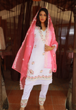 3 Piece Pakistani Salwar - White pakistani salwar with rich floral embroidery and rich thread & pearl works.Pink dupatta with white thread works and matching pants with thread works. V Neck. Full sleeve. Straight hemline