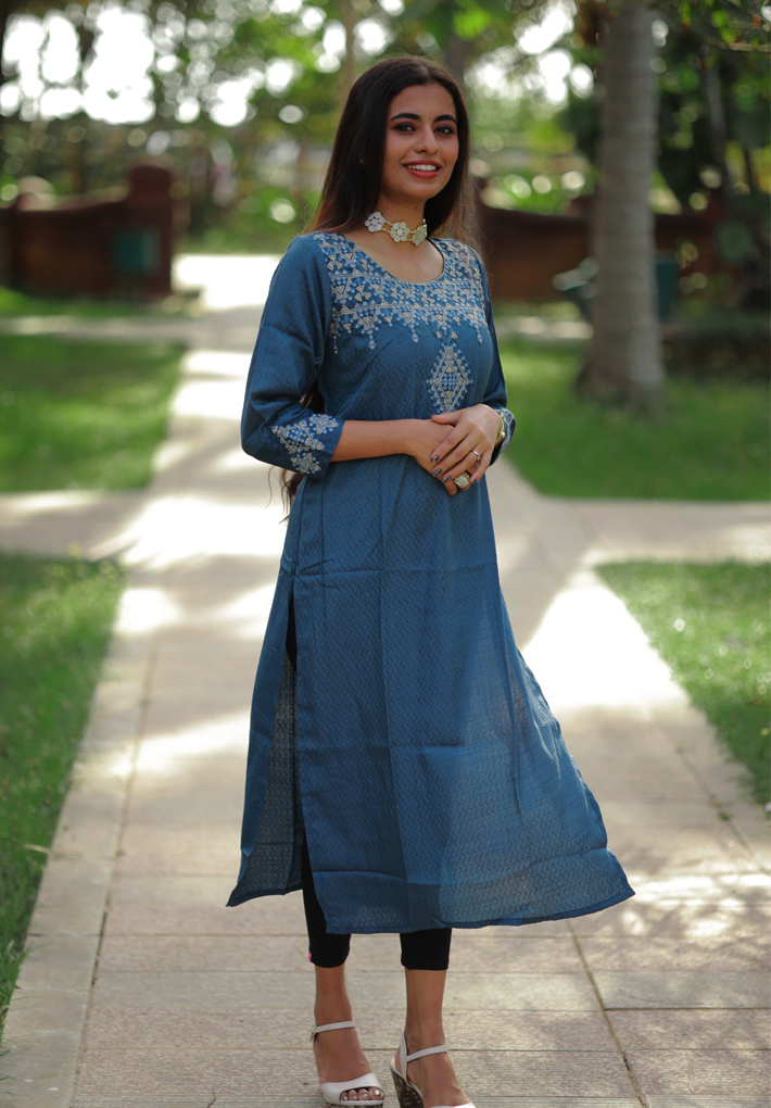 Kurti - Blue patterned rayon kurti with embroidery. 3/4th sleeve. Straight hemline.