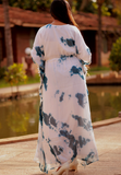 Beautiful white kaftan with blue prints in georgette with mirror work, gather detail and pompom detail