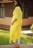 Beautiful semi transparent yellow kaftan in chinnon with mirror work and gather detail