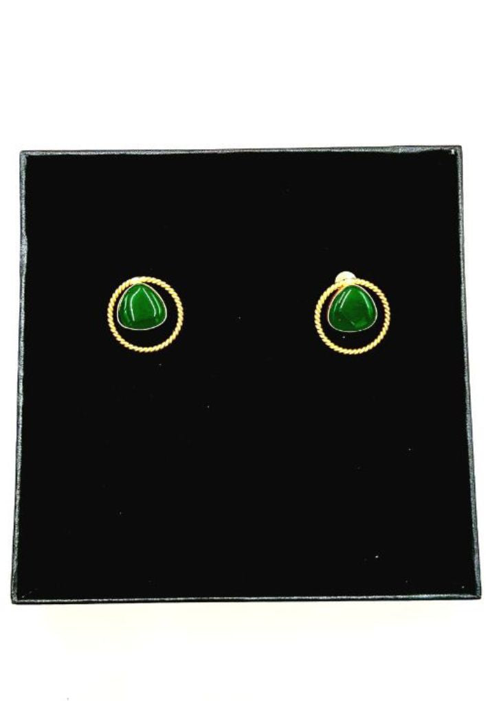 Beautiful gold plated earring set featuring green stone. Handcrafted statement jewellery.