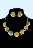 Gold plated  necklace and earring set featuring labrodite stones and pearls