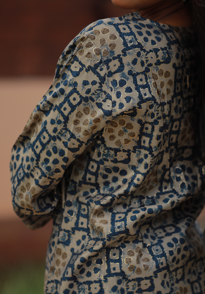 Kurti -Blue and offwhite block printed kurti with thread detail. 3/4th sleeve. Straight hemline.