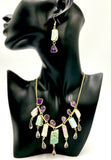 Beautiful gold plated necklace & earring set featuring elegant amzonite green and amethyst stones.
