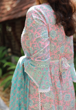 3 Piece Salwar - Pink and blue salwar with floral prints, mirror work, belt detail and elegant crochet work .Matching design ondupatta and pants.Round neck. 3/4th sleeve.Flared hemline