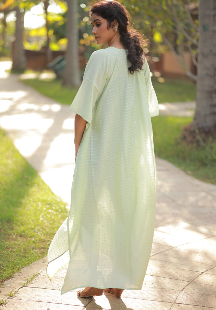 Beautiful pastel green kaftan in muslin cotton with  mild crochet work and thread detail