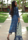 3 Piece Salwar - Blue salwar with prints, mirror work and elegant embroidery .Blue and off white pants with ikkat design and off white dupatta with floral prints. Round neck. 3/4th sleeve. Straight hemline