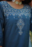 Kurti - Blue patterned rayon kurti with embroidery. 3/4th sleeve. Straight hemline.
