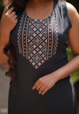 Kurti - Dark blue liva patterned rayon sleeveless kurti. Straight hemline.