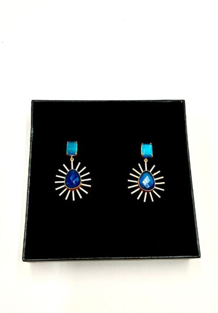 Beautiful earring set featuring royal blue and sky blue glossy stones. Handcrafted statement jewellery.