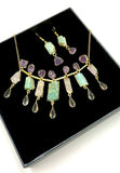 Beautiful gold plated necklace & earring set featuring elegant amzonite green and amethyst stones.